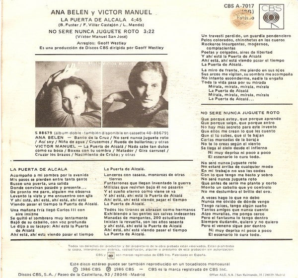 Ana Belén Y Víctor Manuel : La Puerta De Alcalá (7", Single)