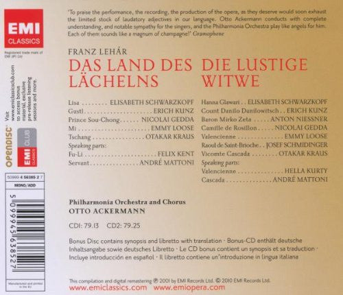 Franz Lehár - Elisabeth Schwarzkopf, Nicolai Gedda, Erich Kunz, Emmy Loose, Otakar Kraus, Philharmonia Orchestra, Otto Ackermann : Die lustige Witwe / Das Land Des Lächelns (2xCD, Comp, Mono, RE, RM + CD-ROM)
