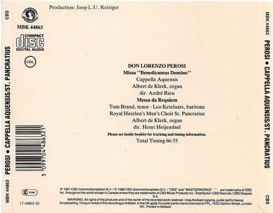 Lorenzo Perosi, Capella Aquensis / Koninklijk Heerlens Mannenkoor St. Pancratius, Albert De Klerk : Missa Benedicamus Domino / Messa Da Requiem (CD, Comp, RE)