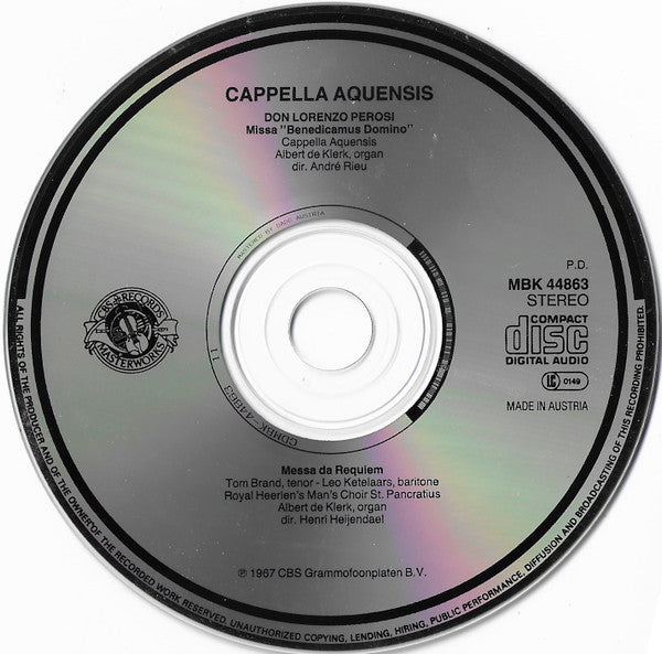 Lorenzo Perosi, Capella Aquensis / Koninklijk Heerlens Mannenkoor St. Pancratius, Albert De Klerk : Missa Benedicamus Domino / Messa Da Requiem (CD, Comp, RE)