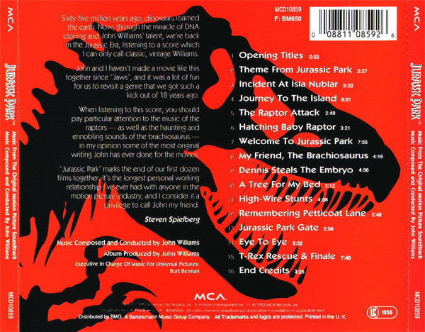 John Williams (4) : Jurassic Park (Music From The Original Motion Picture Soundtrack) (CD, Album)