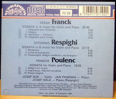 César Franck, Ottorino Respighi, Francis Poulenc, Josef Suk, Josef Hála, Jan Panenka : Violin Sonatas (CD, Comp)
