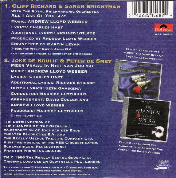 Cliff Richard & Sarah Brightman / Joke de Kruijf & Peter De Smet, Andrew Lloyd Webber : All I Ask Of You / Meer Vraag Ik Niet Van Jou (CD, Single)