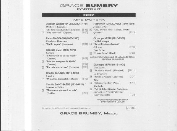 Franz Schubert / Johannes Brahms / Franz Liszt / Hugo Wolf / Richard Strauss / Pietro Mascagni / Georges Bizet / Charles Gounod / Christoph Willibald Gluck / Camille Saint-Saëns / Pyotr Ilyich Tchaikovsky / Giuseppe Verdi / Grace Bumbry / Erik Werba / Seb : Portrait  (2xCD)