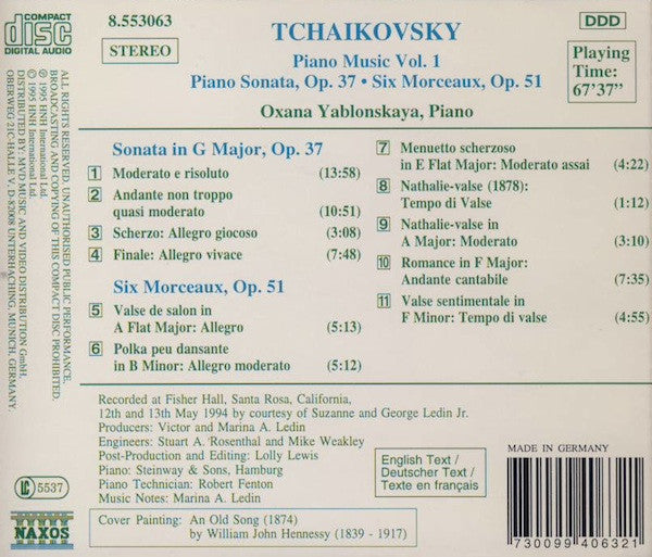 Pyotr Ilyich Tchaikovsky, Oxana Yablonskaya : Piano Music Vol. 1: Piano Sonata, Op. 37 / Six Morceaux, Op. 51 (CD, Album)