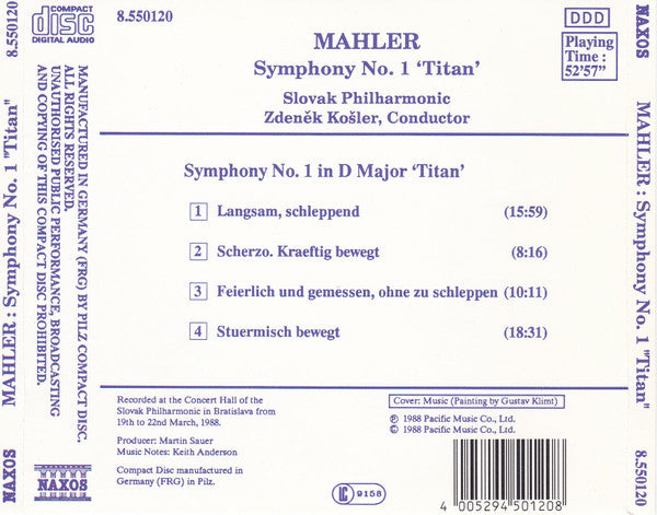 Gustav Mahler, Slovak Philharmonic Orchestra, Zdeněk Košler :  Symphony No. 1 "Titan"  (CD, Album)