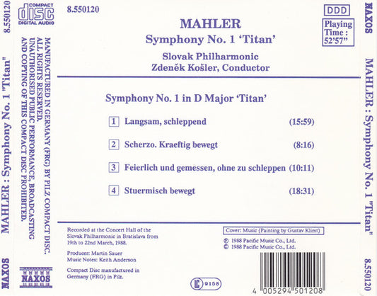 Gustav Mahler, Slovak Philharmonic Orchestra, Zdeněk Košler :  Symphony No. 1 "Titan"  (CD, Album)