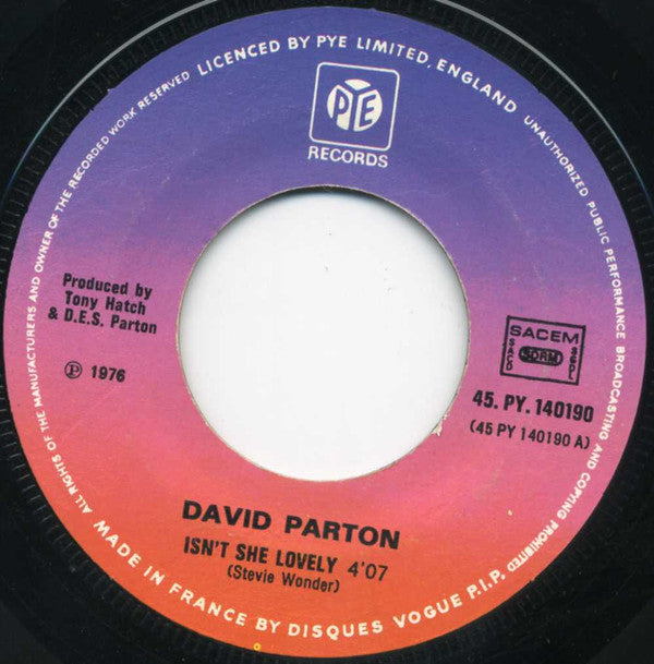 David Parton : Isn't She Lovely (7", Single)