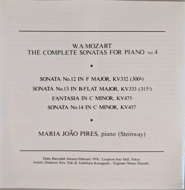 Wolfgang Amadeus Mozart, Maria-João Pires : Piano Sonatas Vol. 4 (KV332・333・457 : Fantasia In C Minor, KV475) (CD, Album)
