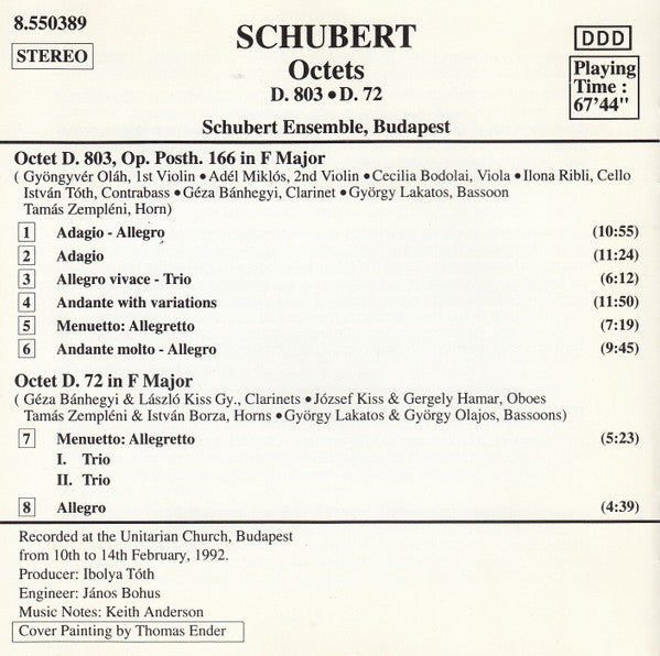 Franz Schubert, Schubert Ensemble, Budapest : Octet D. 803 For Strings, Clarinet, Bassoon And Horn - Octet D. 72 For Oboes, Clarinets, Bassoons And Horns (CD)