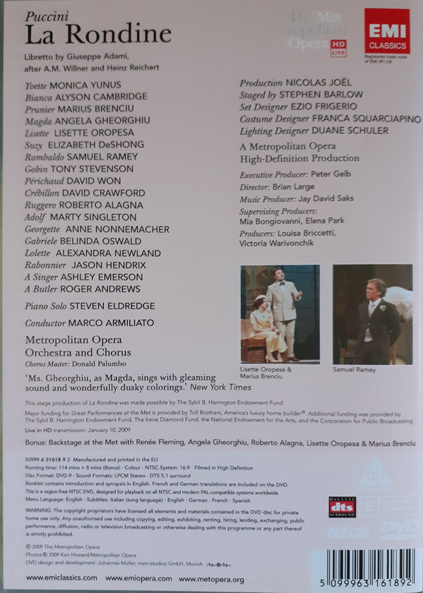 Giacomo Puccini, Angela Gheorghiu, Roberto Alagna, The Metropolitan Opera House Orchestra & Metropolitan Opera Chorus, Marco Armiliato : La Rondine (DVD-V, NTSC, Reg)
