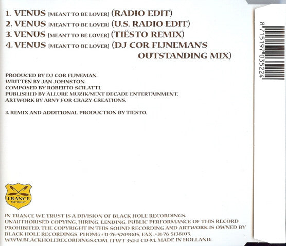 Cor Fijneman Featuring Jan Johnston : Venus (Meant To Be Your Lover) (CD, Maxi)