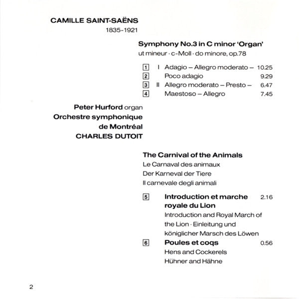 Camille Saint-Saëns, Peter Hurford, Cristina Ortiz, Pascal Rogé, Charles Dutoit, Orchestre Symphonique De Montréal : Symphony No. 3 / Carnaval Des Animaux (CD, Comp, RE)