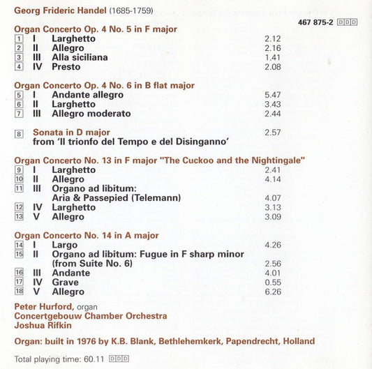 Georg Friedrich Händel, Peter Hurford, Concertgebouw Chamber Orchestra, Joshua Rifkin : Organ Concertos Op. 4 Nos. 4 & 5, No. 13 & 14 (CD)