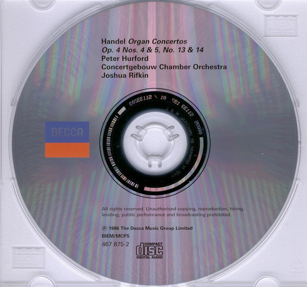 Georg Friedrich Händel, Peter Hurford, Concertgebouw Chamber Orchestra, Joshua Rifkin : Organ Concertos Op. 4 Nos. 4 & 5, No. 13 & 14 (CD)