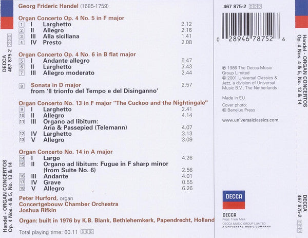 Georg Friedrich Händel, Peter Hurford, Concertgebouw Chamber Orchestra, Joshua Rifkin : Organ Concertos Op. 4 Nos. 4 & 5, No. 13 & 14 (CD)