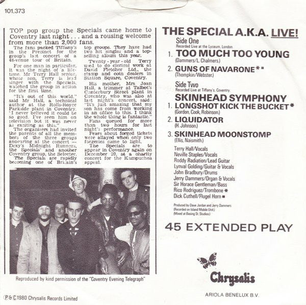The Specials Featuring Rico Rodriguez : Too Much Too Young (7", EP)