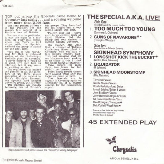 The Specials Featuring Rico Rodriguez : Too Much Too Young (7", EP)