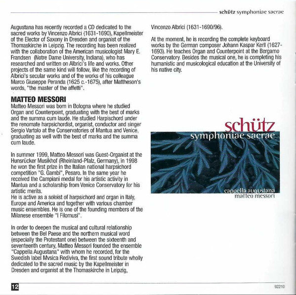 Heinrich Schütz – Cappella Augustana, Matteo Messori : Symphoniae Sacrae (SACD, Multichannel, Comp)