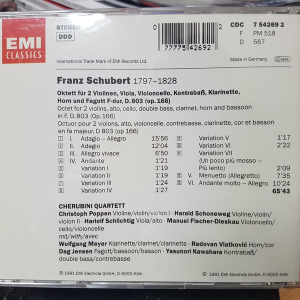 Franz Schubert, Cherubini-Quartett : Octet In F, D.803(Op.166) (CD, Album)