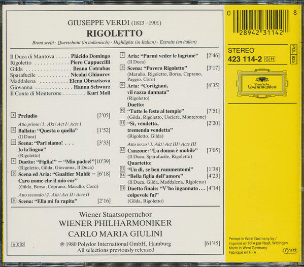 Giuseppe Verdi, Wiener Staatsopernchor, Wiener Philharmoniker, Carlo Maria Giulini : Rigoletto - Highlights (CD, Album, RE)