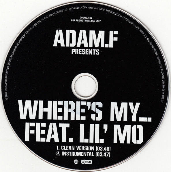Adam F Feat. Lil' Mo : Where's My... (CD, Single, Promo)
