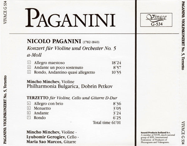 Niccolò Paganini, Mincho Minchev, Philharmonia Bulgarica, Dobrin Petkov : Violinkonzert No. 5 - Terzetto Für Gitarre, Violine Und Cello (CD)