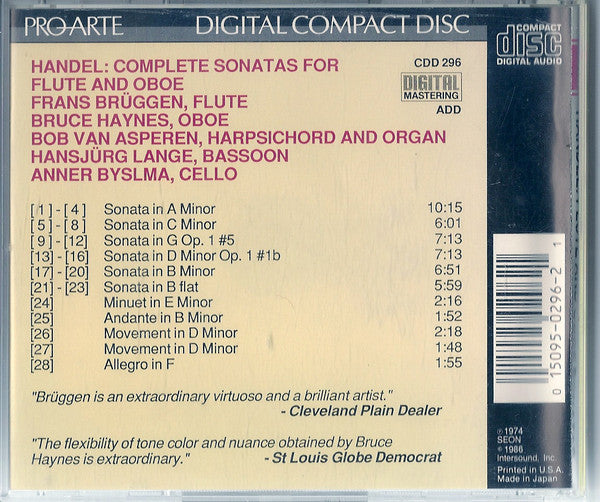 Georg Friedrich Händel, Frans Brüggen, Bob van Asperen, Hansjürg Lange, Anner Bylsma, Bruce Haynes : Handel: Complete Sonatas For Flute & Oboe (CD, Album, RE)