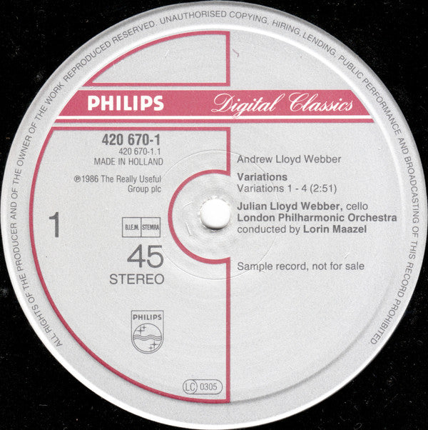 Andrew Lloyd Webber, Julian Lloyd Webber, London Philharmonic Orchestra, Lorin Maazel : Variations (12", Promo)