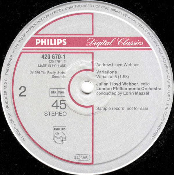 Andrew Lloyd Webber, Julian Lloyd Webber, London Philharmonic Orchestra, Lorin Maazel : Variations (12", Promo)