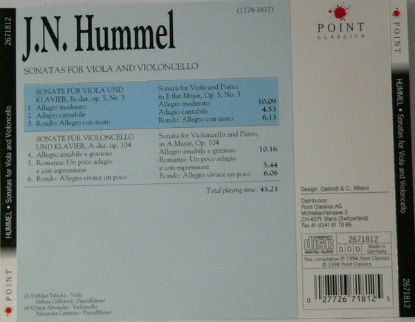 Johann Nepomuk Hummel / Milan Telecký, Helena Gáfforová, Juraj Alexander, Alexander Cattarino : Sonatas For Viola And Violoncello (CD, Comp)
