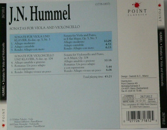 Johann Nepomuk Hummel / Milan Telecký, Helena Gáfforová, Juraj Alexander, Alexander Cattarino : Sonatas For Viola And Violoncello (CD, Comp)