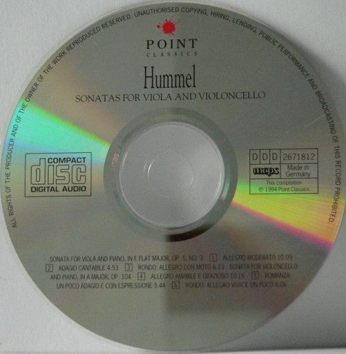 Johann Nepomuk Hummel / Milan Telecký, Helena Gáfforová, Juraj Alexander, Alexander Cattarino : Sonatas For Viola And Violoncello (CD, Comp)