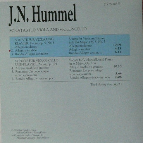 Johann Nepomuk Hummel / Milan Telecký, Helena Gáfforová, Juraj Alexander, Alexander Cattarino : Sonatas For Viola And Violoncello (CD, Comp)