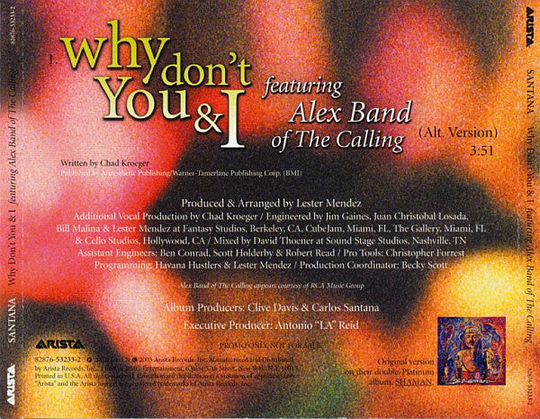 Santana Featuring Alex Band : Why Don't You & I (CD, Single, Promo)