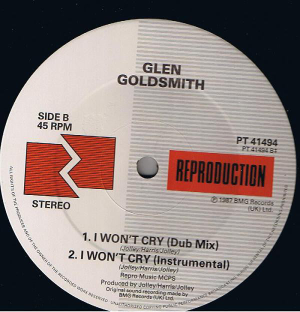 Glen Goldsmith : I Won't Cry (12", Single)