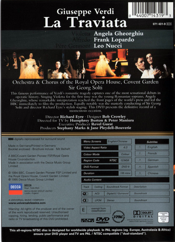 Giuseppe Verdi, Angela Gheorghiu, Frank Lopardo, Leo Nucci, Orchestra Of The Royal Opera House, Covent Garden & Chorus Of The Royal Opera House, Covent Garden, Georg Solti : La Traviata (DVD-V, NTSC, Dig)