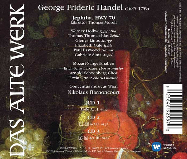Georg Friedrich Händel - Elizabeth Gale •  Glenys Linos •  Gabriele Sima •  Werner Hollweg •  Paul Esswood •  Thomas Thomaschke •  Mozart-Sängerknaben •  Arnold Schoenberg Chor •  Concentus Musicus Wien •  Nikolaus Harnoncourt : Jephtha (3xCD, Album, RE, RM)