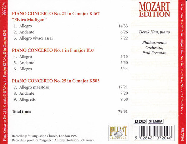Wolfgang Amadeus Mozart : Piano Concertos No. 21 In C Major K467 / No. 1 In F Major K37 / No. 25 In C Major K503 (CD)