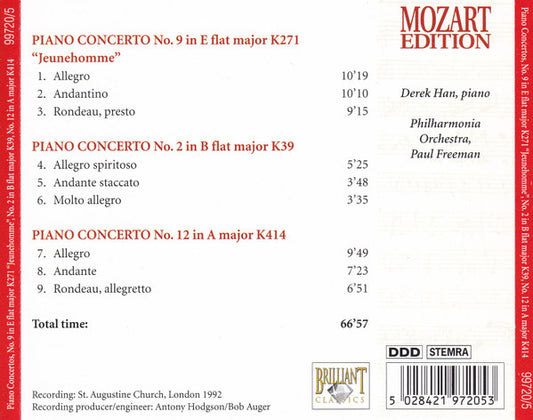 Wolfgang Amadeus Mozart : Piano Concertos No. 9 In E Flat Major K271 "Jeunehomme" / No. 2 In B Flat Major K39 / No. 12 In A Major K414 (CD)