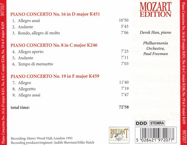 Wolfgang Amadeus Mozart : Piano Concertos No. 16 In D Major K451 / No. 8 In C Major K246 / No. 19 In F Major K459 (CD)