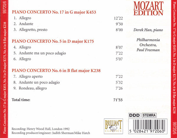Wolfgang Amadeus Mozart : Piano Concertos No. 17 In G Major K453 / No. 5 In D Major K175 / No. 6 In B Flat Major K238 (CD)