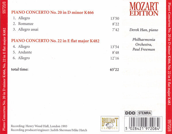 Wolfgang Amadeus Mozart : Piano Concertos No. 20 In D Minor K466. No. 22 In E Flat Major K482 (CD)