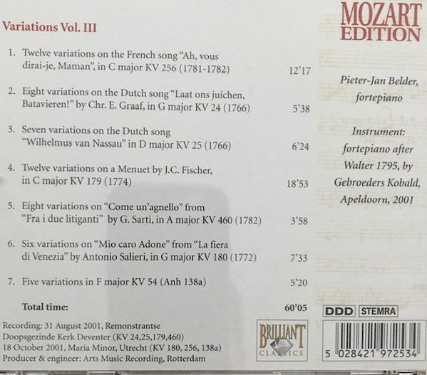 Wolfgang Amadeus Mozart : Variations Vol. III (CD)
