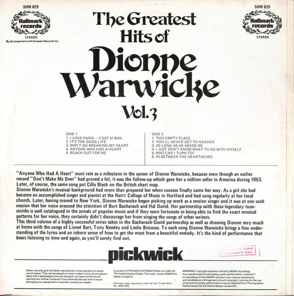 Dionne Warwick : The Greatest Hits Of Dionne Warwicke Vol. 3 (LP, Comp)