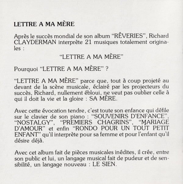Richard Clayderman : Lettre À Ma Mère (CD, Comp)