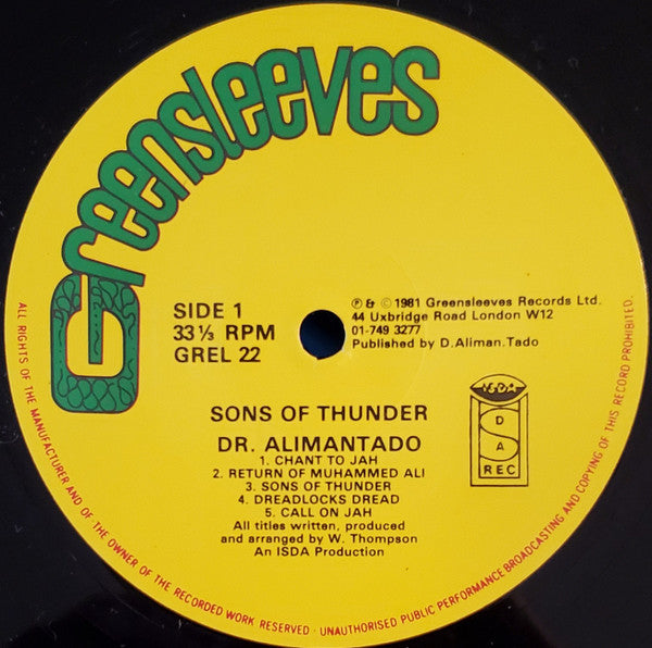 Dr. Alimantado : Sons Of Thunder (LP, Album)