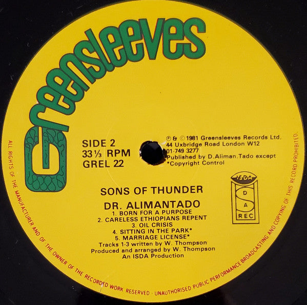 Dr. Alimantado : Sons Of Thunder (LP, Album)