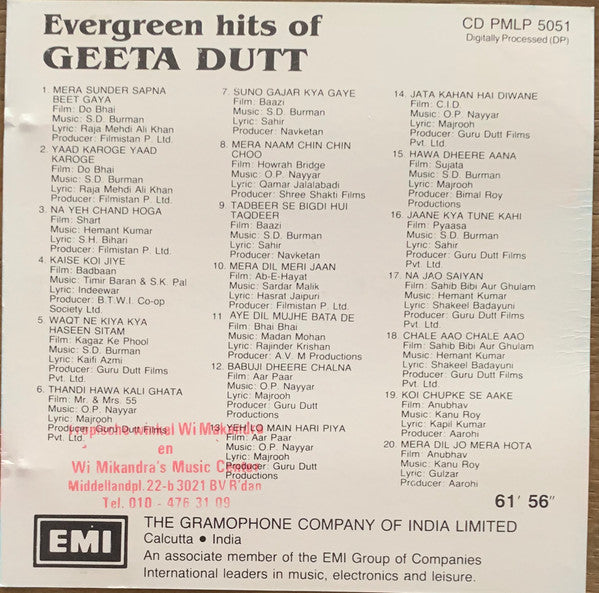 Geeta Dutt : Evergreen Hits Of Geeta Dutt (CD, Comp)