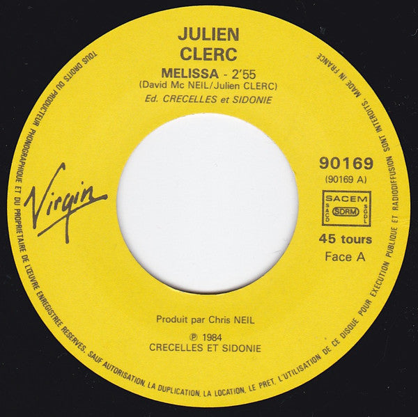 Julien Clerc : Mélissa (7", Single, RP)